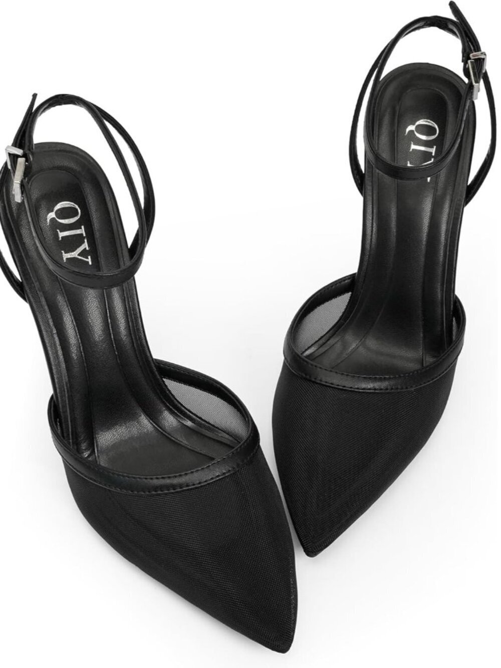 Women's Black Mesh Closed Toe Ankle Strap Heels Pointed Toe Sandals